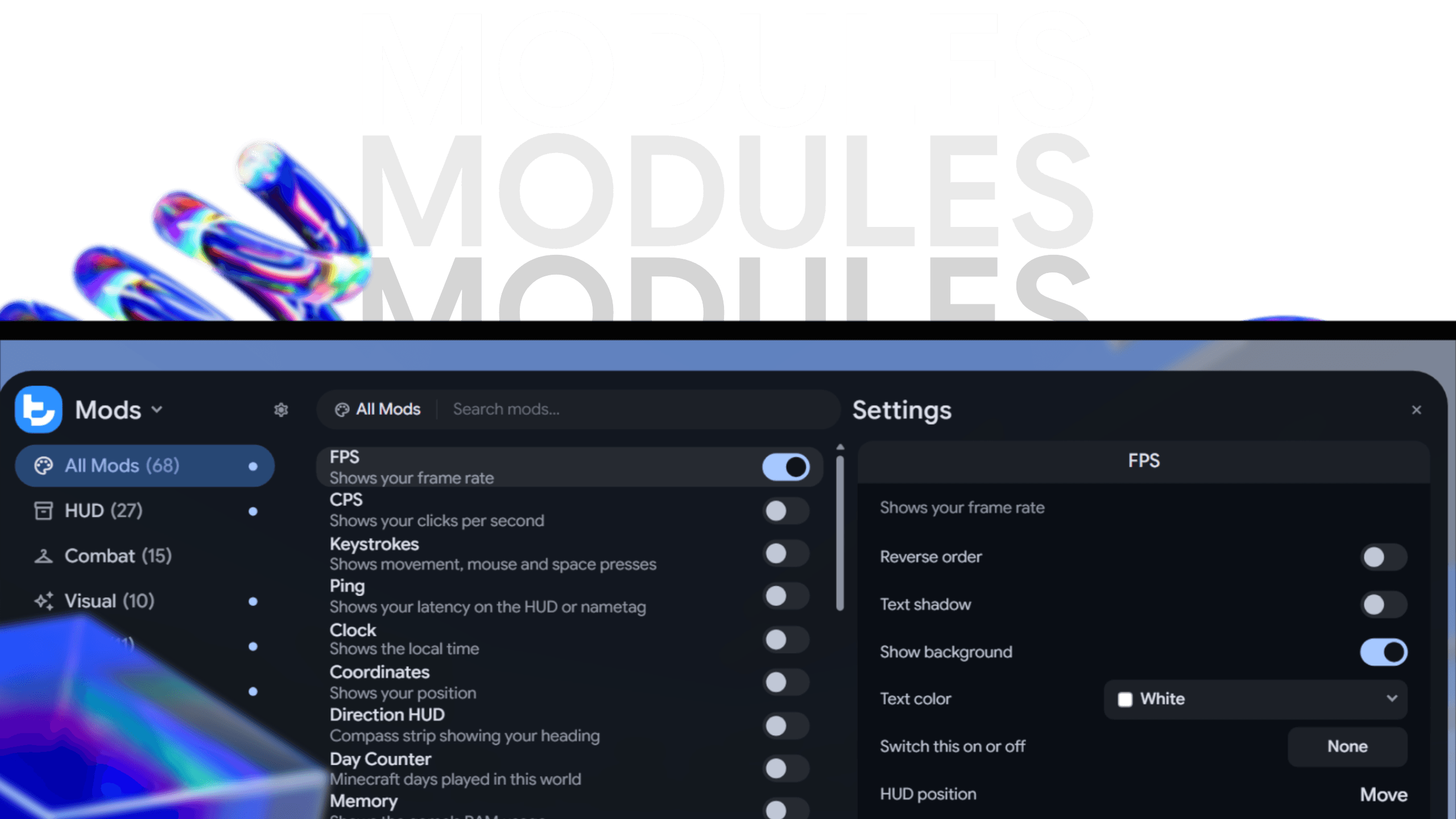 The Teho modules interface, including module categories and FPS settings